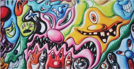 Kenny Scharf, 1958, multiplo serigrafia su tessuto 2014, cm 73,5 x 149,5:...