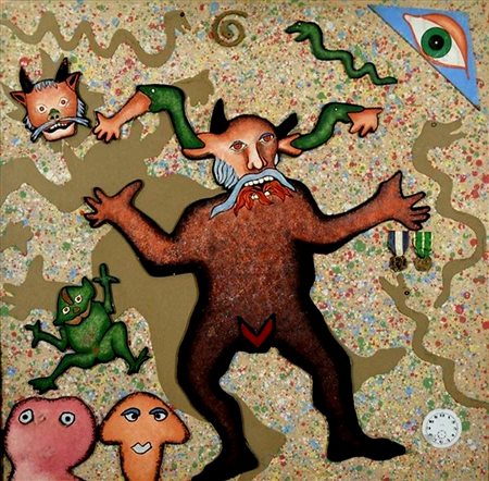 Enrico Bay, 1924-2003, multiplo tecnico mista e collage su legno, cm 89 x 89:...