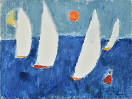 Enrico Paulucci (1901 - 1999) VELE AL TRAMONTO, 1994 olio su tela di juta, cm...