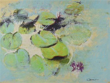 Giancarlo Cazzaniga (1930 - 2013) NINFEE tecnica mista su carta, cm 47x63 firma