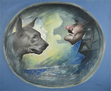 Mario Russo (1925 - 2000) MASCHERA E TESTA DI CANE, 1972 olio su tela, cm...