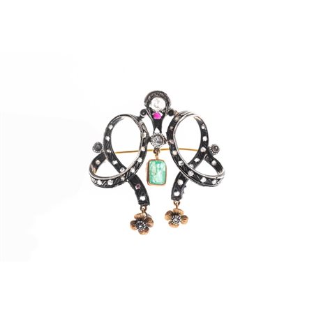 SPILLA/PENDENTE in oro 9 KT e argento con diamanti e smeraldo