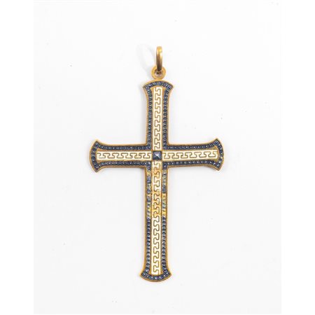 PENDENTE a forma di croce in oro giallo 18 KT e smalto blu