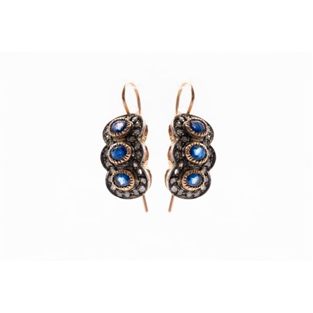 ORECCHINI in oro giallo 9 KT e argento con diamanti e zaffiri