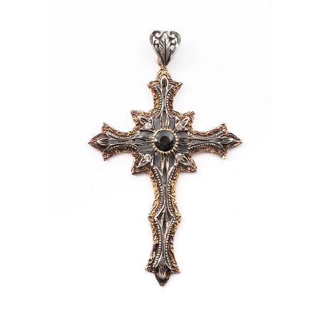 PENDENTE in oro giallo 12KT e argento con diamanti e zaffiro