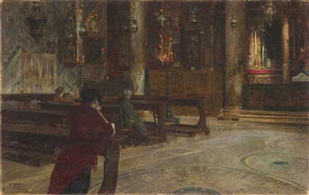 Alessandro Milesi "Interno di chiesa - La preghiera" 
olio su tela (cm 63x100)
f