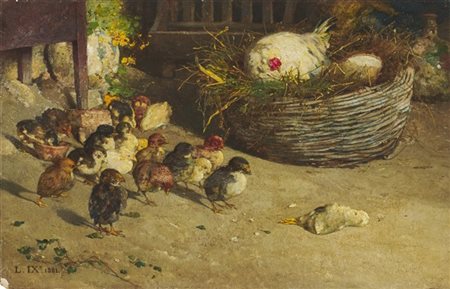 Luigi Nono "La morte del pulcino" 1881
olio su tavola (cm 21x33)
monogrammato e