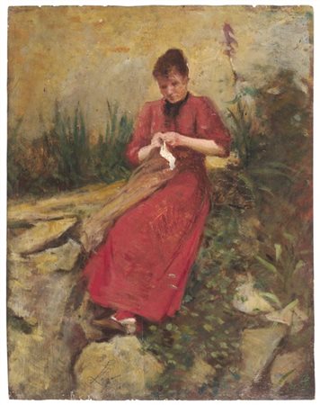 Silvestro Lega "Popolana in abito rosso che lavora all'uncinetto" 
olio su tavol