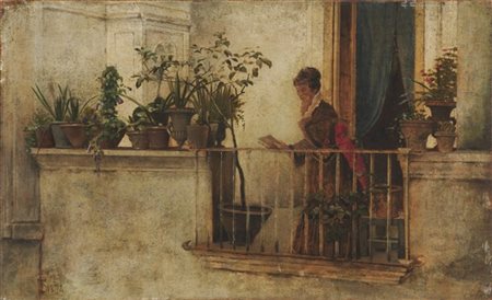 Telemaco Signorini "Sul balcone" 1874
olio su tavola (cm 23,5x39)
monogrammato e