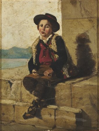 Telemaco Signorini "Pellegrino con flauto" 
olio su tela applicata a tavola (cm