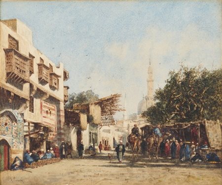 Alberto Pasini "Veduta orientalista con minareto sullo sfondo" 
acquerello su ca