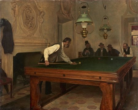 Tito Lessi "Una partita a biliardo" 
olio su tavola (cm 36,5x46)
firmato in bass