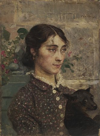 Giovanni Boldini "Ragazza con cane" 
olio su tavola (cm 22x16)
firmato in alto a