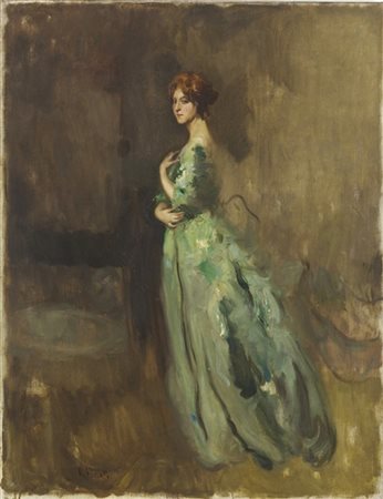 Ambrogio Antonio Alciati "In abito verde" 
olio su tela (cm 79x61)
firmato in ba