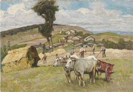 Ruggero Panerai "Raccolta del fieno" 
olio su cartone (cm 39x55,5)
firmato in ba