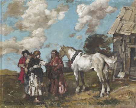 Alessio Issupoff "L'incontro" 
olio su tavola (cm 40x50)
firmato in basso a sini