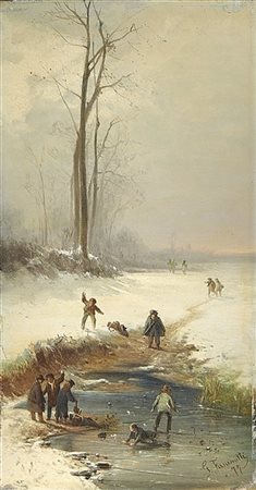 Gaetano Fasanotti "Battaglia di palle di neve" 1877
olio su tavola (cm 24,5x13,5