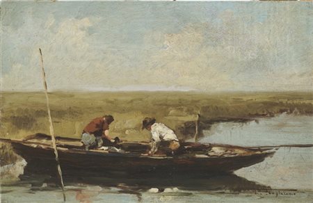 Pietro Fragiacomo "Pesca in barena" 
olio su tavola (cm 23x33)
firmato in basso