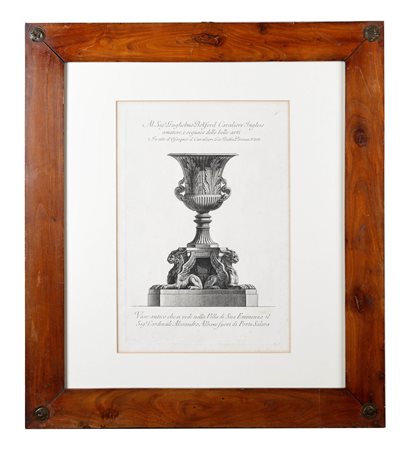 Francesco Piranesi (Roma, 1758 - Parigi, 1810) 
"Vaso antico che si vede nella Villa di Sua Eminenza il Sig. Cardinale Alesandro Albani fuori di Porta Salara" 
  38,5x25,5