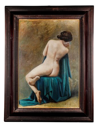Paul-Théophile Robert (attribuito a) (Bienne, 1879 - Neuchâtel, 1954) 
“Donna di spalle” 
Olio su tavola Cm 98x69