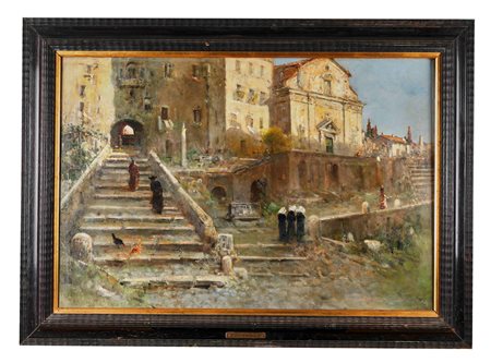 Augusto Alberici (Roma, 1846 - 1922, ) 
"Scorcio urbano" 
 Cm 68,5x100