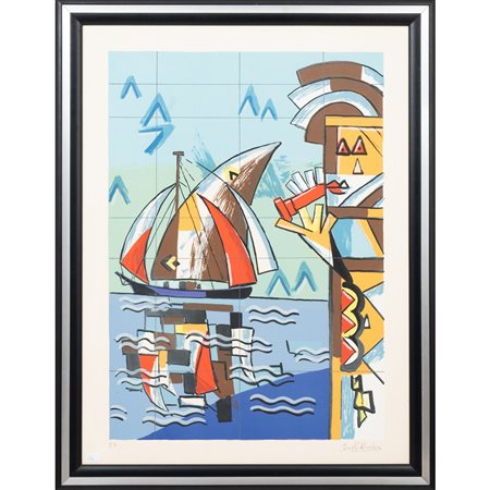 IBRAHIM KODRA, Barca a vela e figura, Serigrafia a colori
