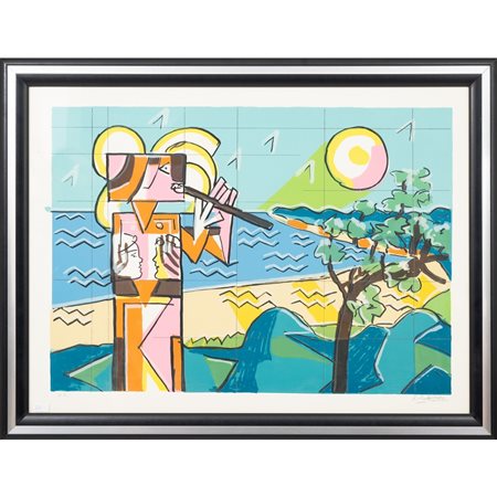 IBRAHIM KODRA, Figura e paesaggio marino, Serigrafia a colori