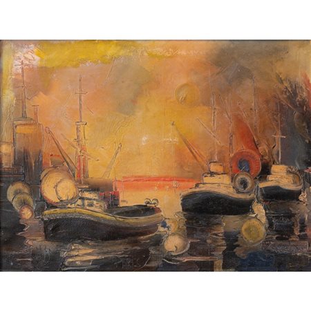 PAOLO POLIMENO, Barche al porto, Olio su tela