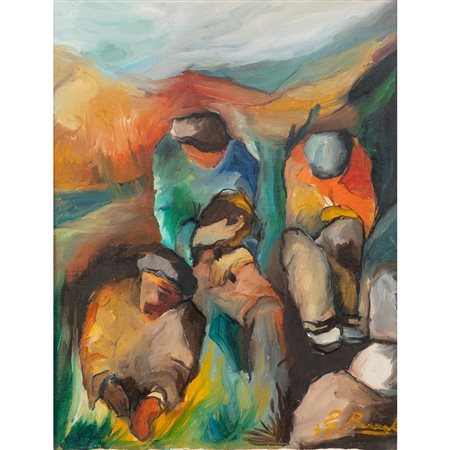 PITTORE DEL XX SECOLO, Contadini a riposo, Olio su tela