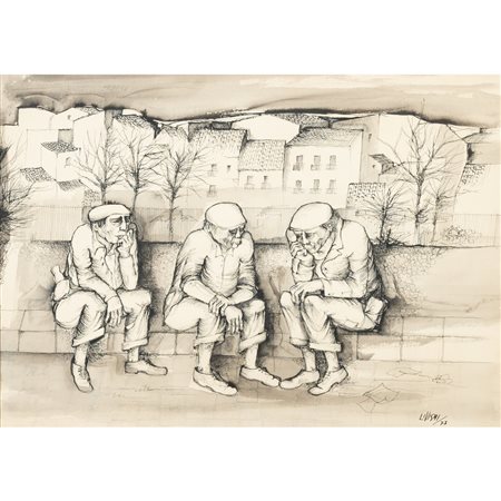 CIRO LI VIGNI, Figure e tetti, Tecnica mista su carta