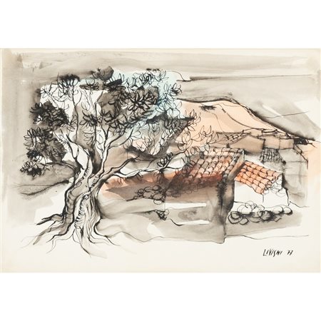 CIRO LI VIGNI, Albero e tetti, Tecnica mista su carta