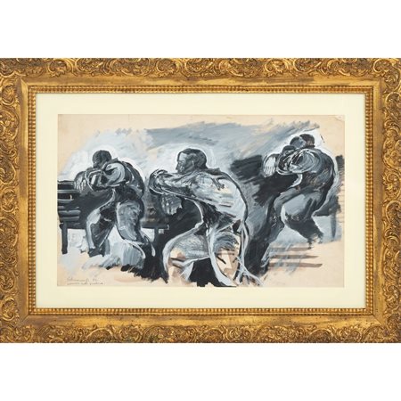 PAOLO SCHIAVOCAMPO, Uomini sulla panchina, Tecnica mista su carta