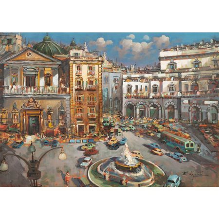 ENRICO ESPOSITO, Piazza all'ora di punta, Olio su tavola