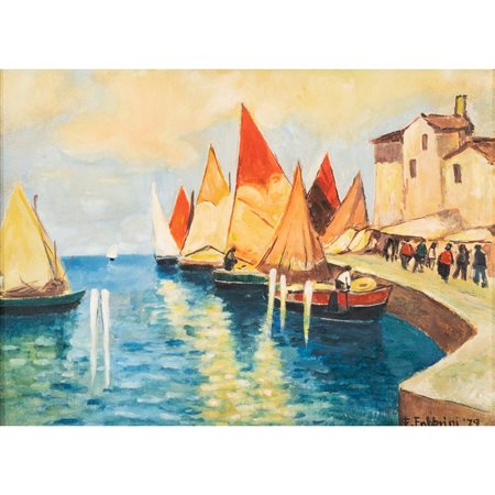 E. FABBRINI, Porticciolo di paese, Olio su tela