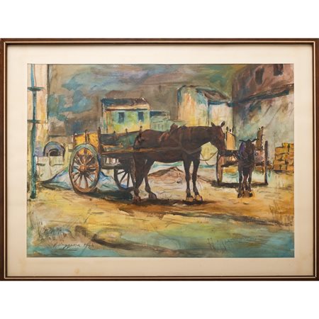 FILIPPO MAGGIORE, Cavalli con calessi, Olio su cartoncino
