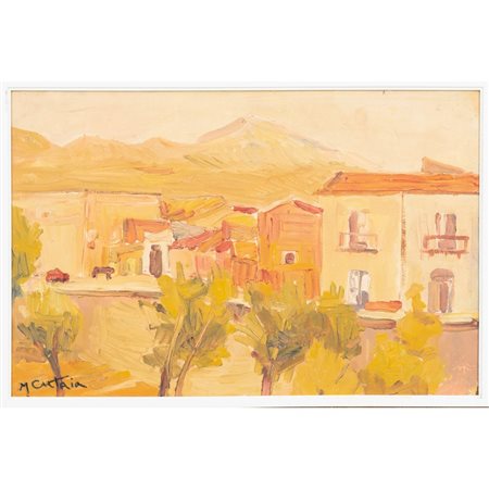MICHELE CUTAIA, Piazza di paese, Olio su masonite