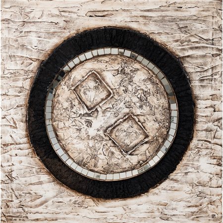 J P, Olio, tela, ferro, vetro specchiato e resina