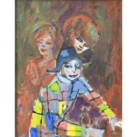 MINO MACCARI, Arlecchino al bar, Olio su cartone telato