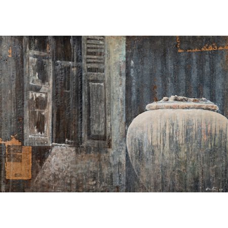 PITTORE DEL XX SECOLO, Olio e applicazioni cartacee lamiera