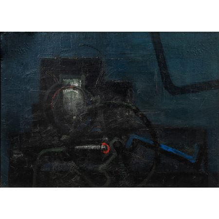 TINO SIGNORINI, Interno con macchinario, Olio su masonite