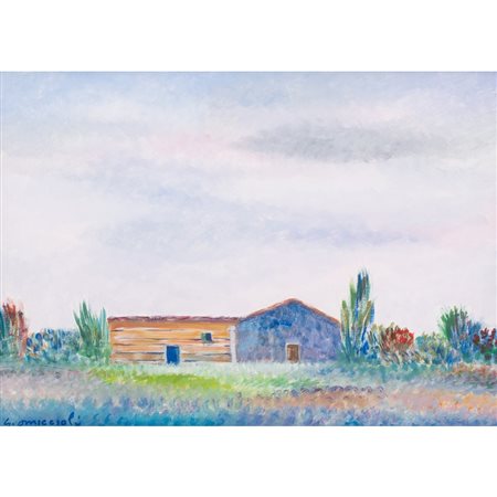 GIOVANNI OMICCIOLI, Casa e capanno, Olio su cartone