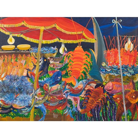 ROSANNA MUSOTTO PIAZZA, Al mercato del pesce, Olio su tela