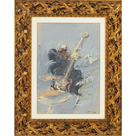 G. CAZZANIGA, Jazz man, contrabbasso, Tecnica mista su carta