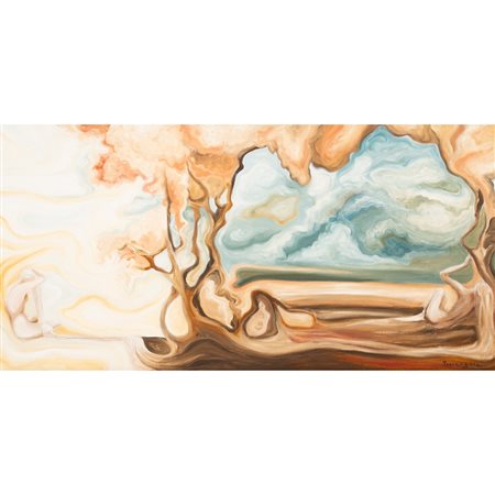 PITTORE DEL XX SECOLO, Figure e paesaggio, Olio su tela