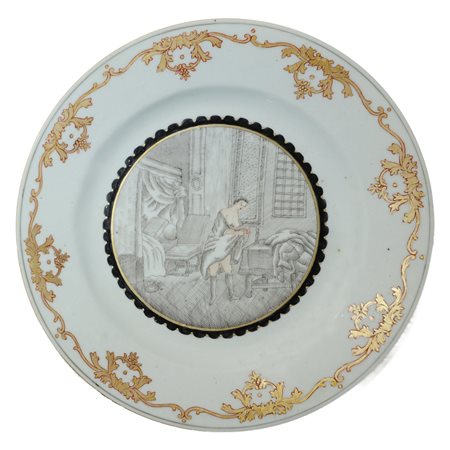 Piatto in porcellana cinese con decori lungo in bordo, con raffigurazione giovane donna, exported to Europe during the 18° secolo