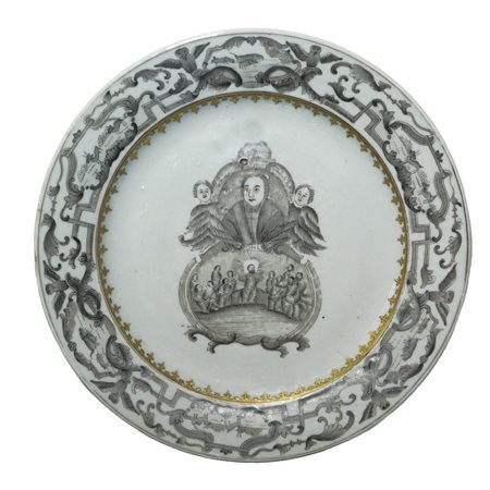 Piatto in porcellana cinese con decori lungo in bordo sul fronte raffigurazione di Martin Lutero 