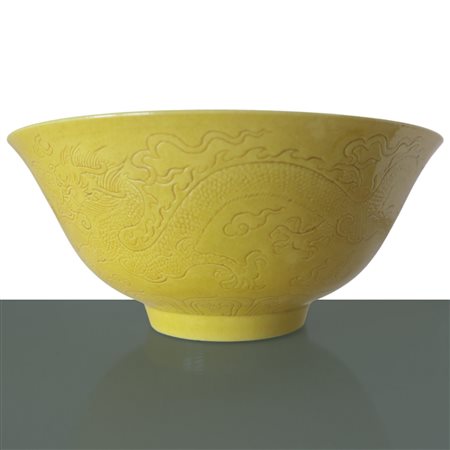 Ciotola gialla con decoro inciso raffigurante dragoni, Guangxu