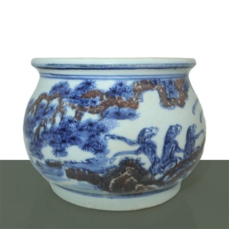 Bruciatore di incenso nei toni blu e bianco con figure, Qing , Dinastia, 19° secolo.