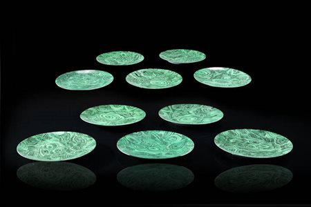 PIERO FORNASETTI<BR>Milano 1913 - 1988<BR>Dieci piatti della serie Malachite