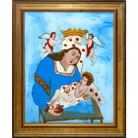 Madonna con bambino con pomo in mano coronata da angeli